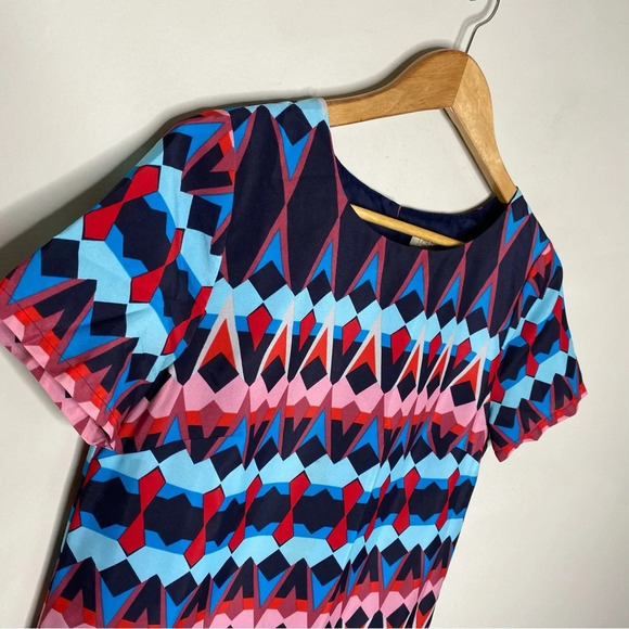 J. Crew Factory Blue Pink Geometric Print Short Sleeve Gallery Shift Dress 0 - Picture 3 of 10